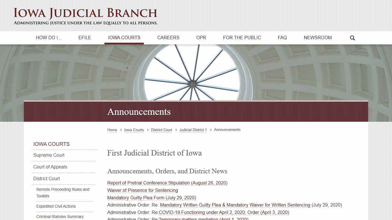 District 1 Announcements | Iowa Judicial Branch