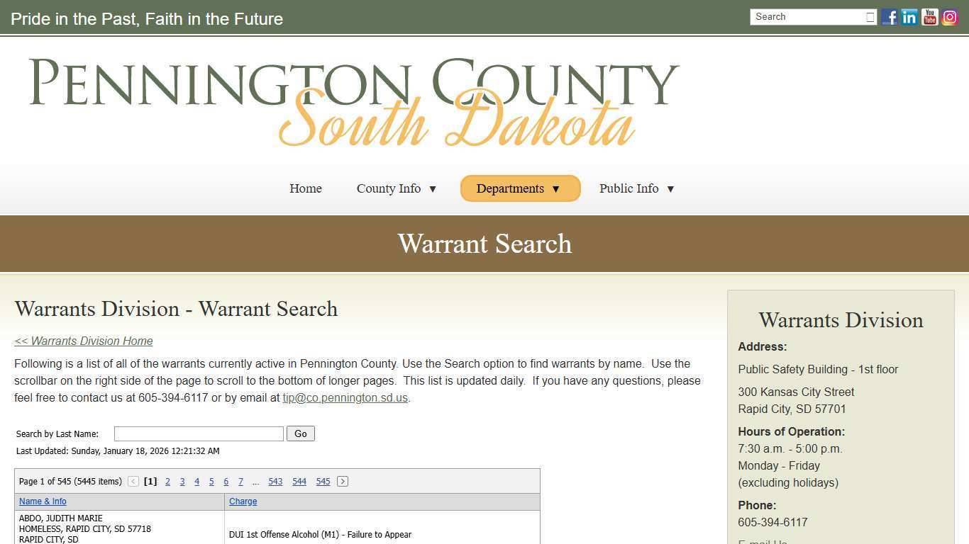 Warrant Search - Pennington County, South Dakota
